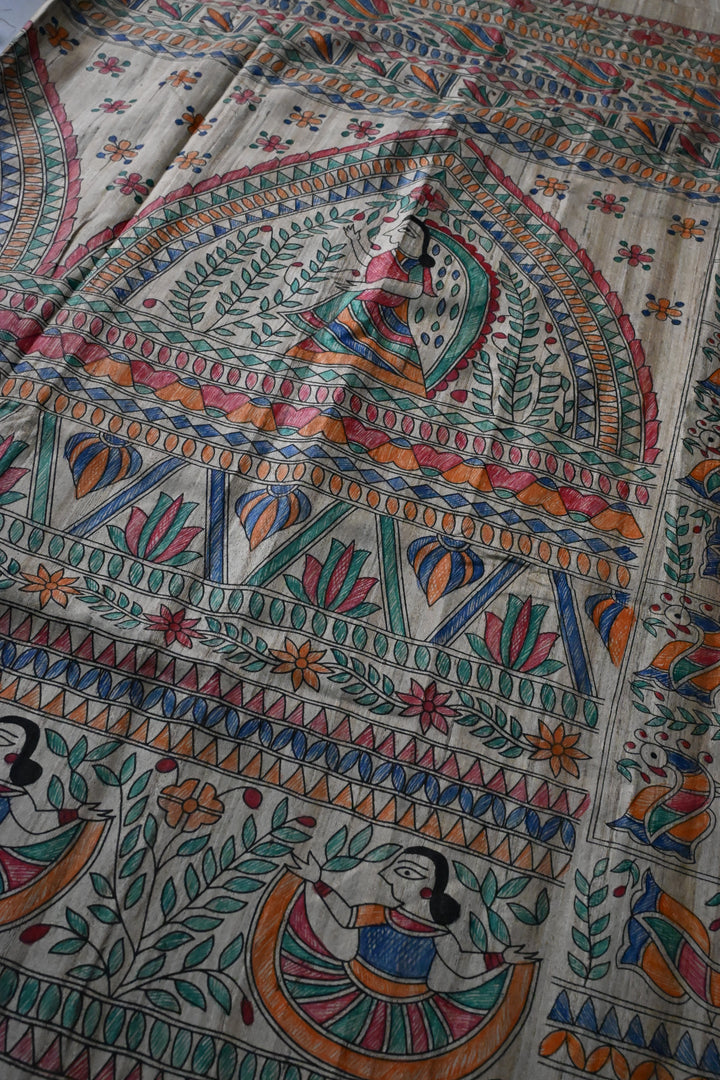 Natural Color Pure Handloom Tussar Hand Painted Madhubani Saree with Border | SILK MARK CERTIFIED | SHOBITAM