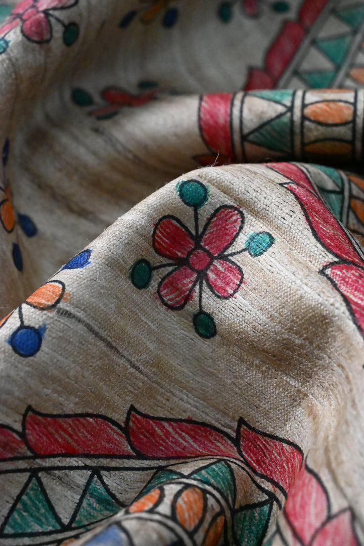 Natural Color Pure Handloom Tussar Hand Painted Madhubani Saree with Border | SILK MARK CERTIFIED | SHOBITAM