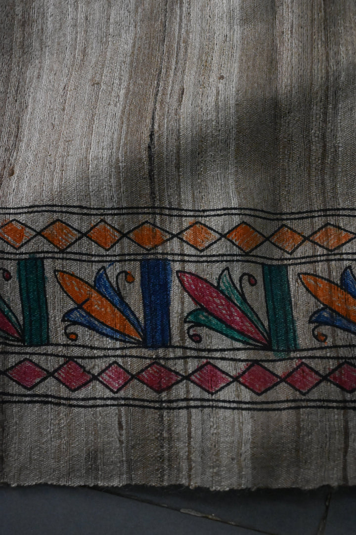 Natural Color Pure Handloom Tussar Hand Painted Madhubani Saree with Border | SILK MARK CERTIFIED | SHOBITAM