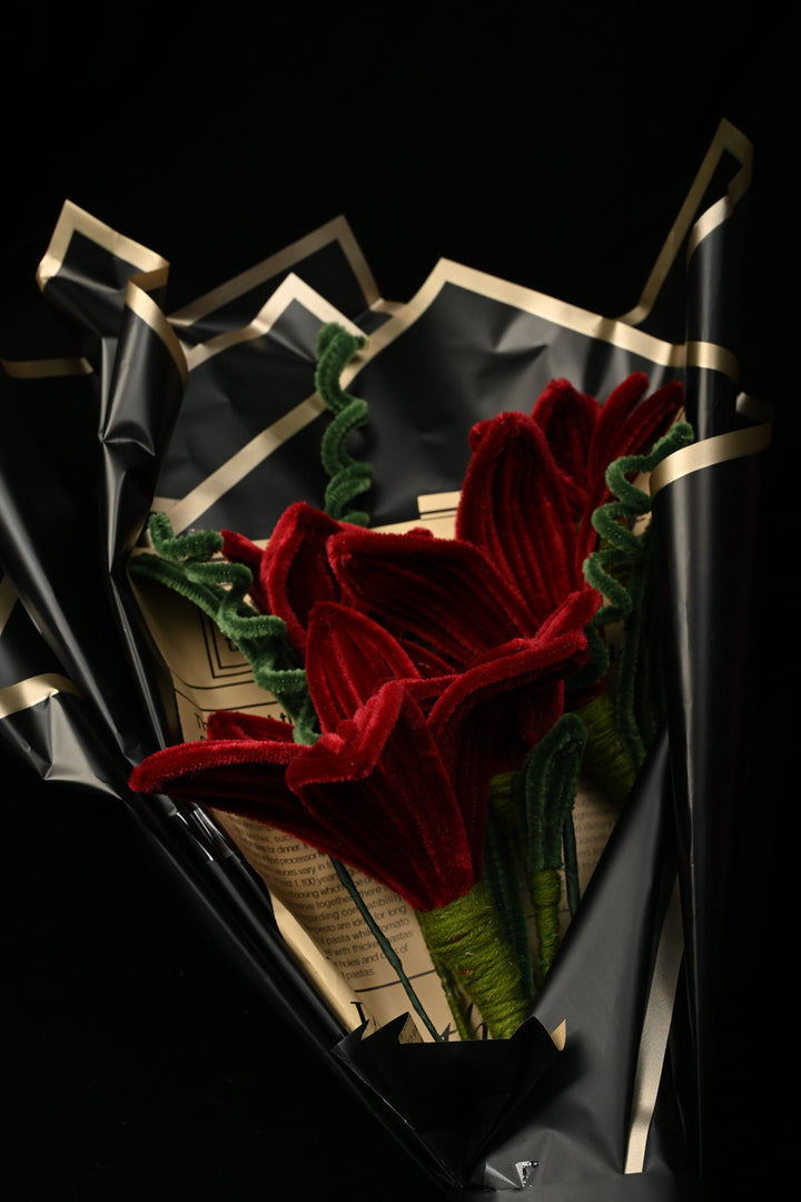 Handcrafted bouquet of Maroon tiger lilies made from soft, velvet Chenille Stems | SHOBITAM