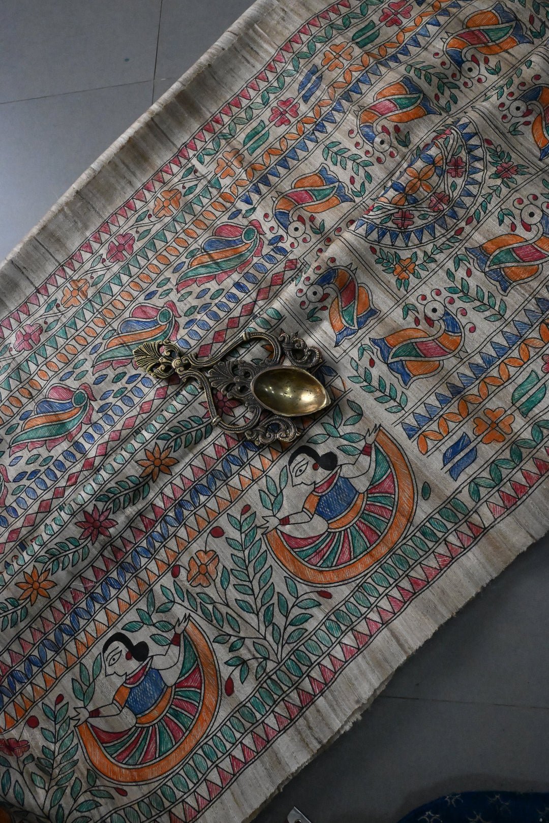 Natural Color Pure Handloom Tussar Hand Painted Madhubani Saree with Border | SILK MARK CERTIFIED | SHOBITAM