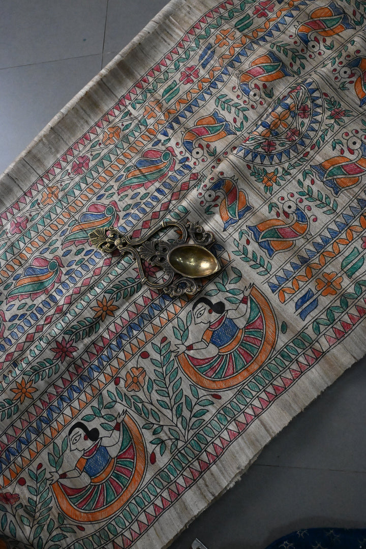 Natural Color Pure Handloom Tussar Hand Painted Madhubani Saree with Border | SILK MARK CERTIFIED | SHOBITAM