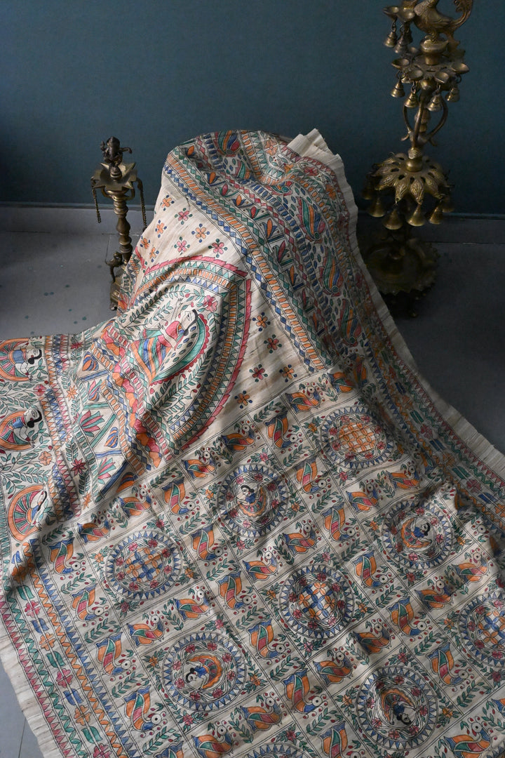 Natural Color Pure Handloom Tussar Hand Painted Madhubani Saree with Border | SILK MARK CERTIFIED | SHOBITAM
