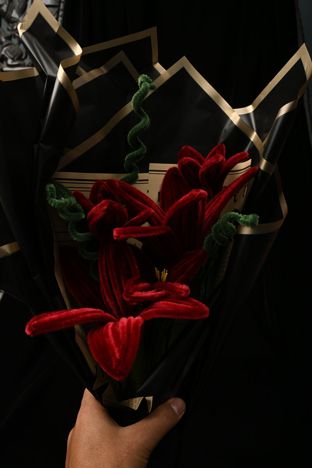 Handcrafted bouquet of Maroon tiger lilies made from soft, velvet Chenille Stems | SHOBITAM