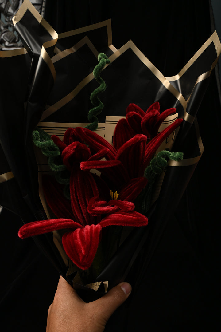 Handcrafted bouquet of Maroon tiger lilies made from soft, velvet Chenille Stems | SHOBITAM