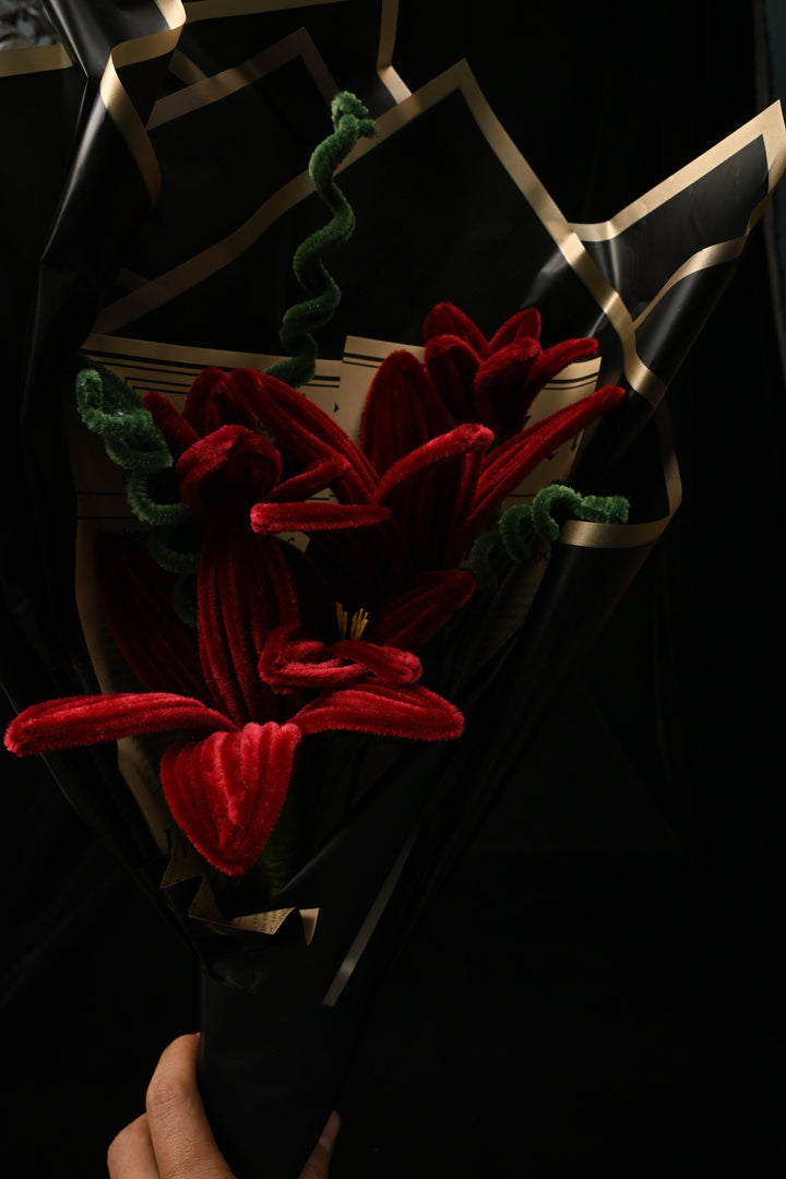 Handcrafted bouquet of Maroon tiger lilies made from soft, velvet Chenille Stems | SHOBITAM