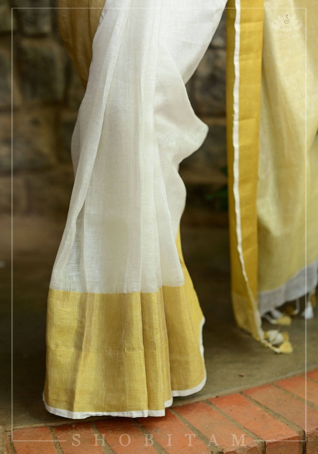 9" wide border & 3" short Border Linen by Linen Saree in Off White and Muted Gold