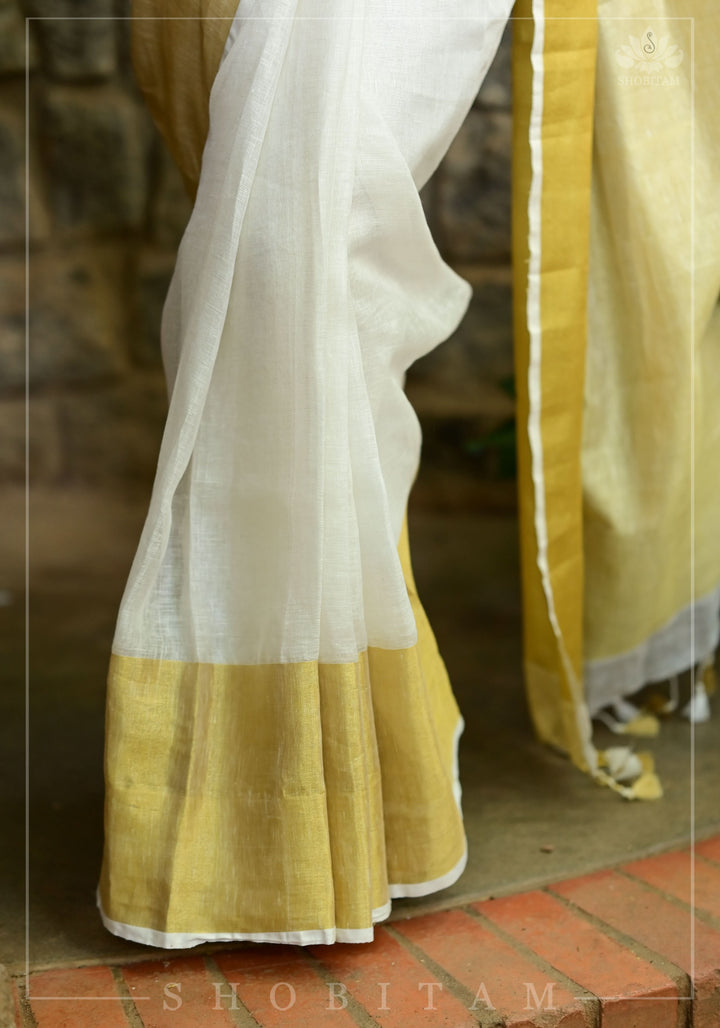 9" wide border & 3" short Border Linen by Linen Saree in Off White and Muted Gold