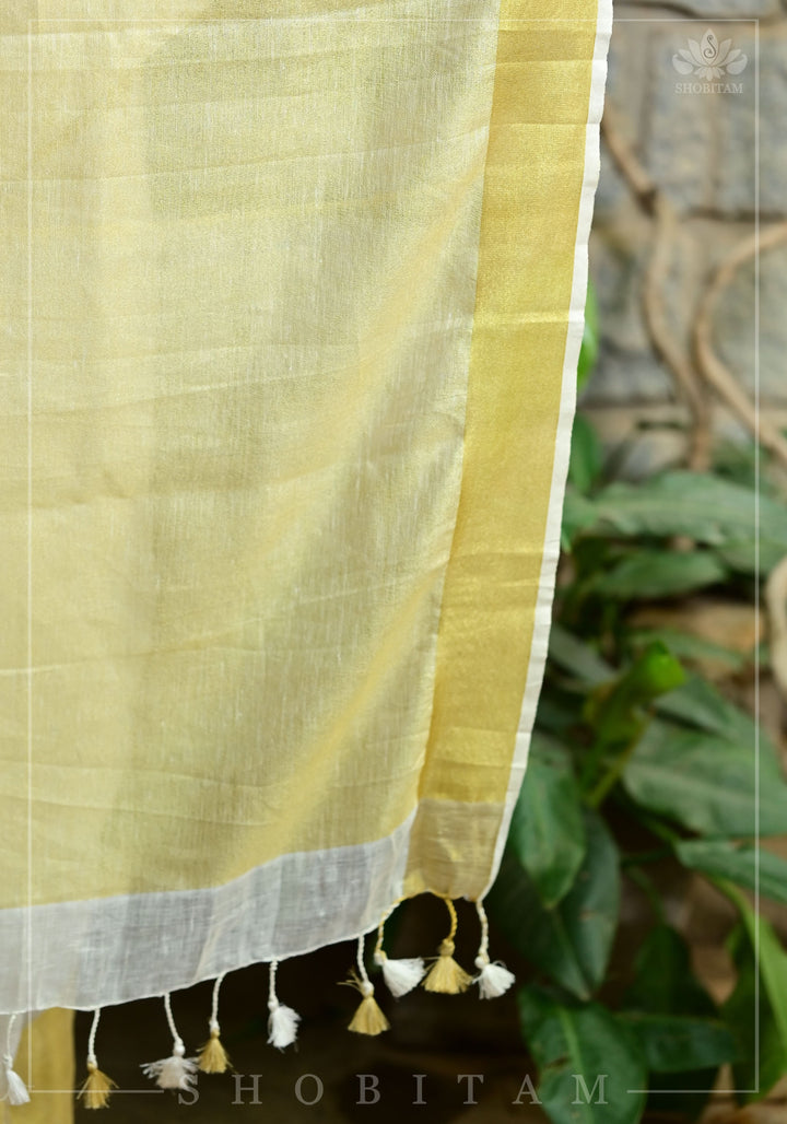 9" wide border & 3" short Border Linen by Linen Saree in Off White and Muted Gold