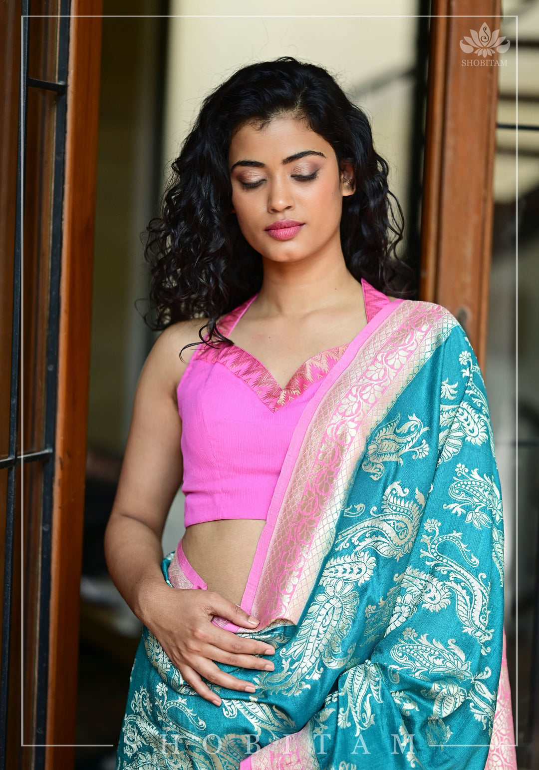 Bubblegum pink chiffon halter neck blouse with zari border