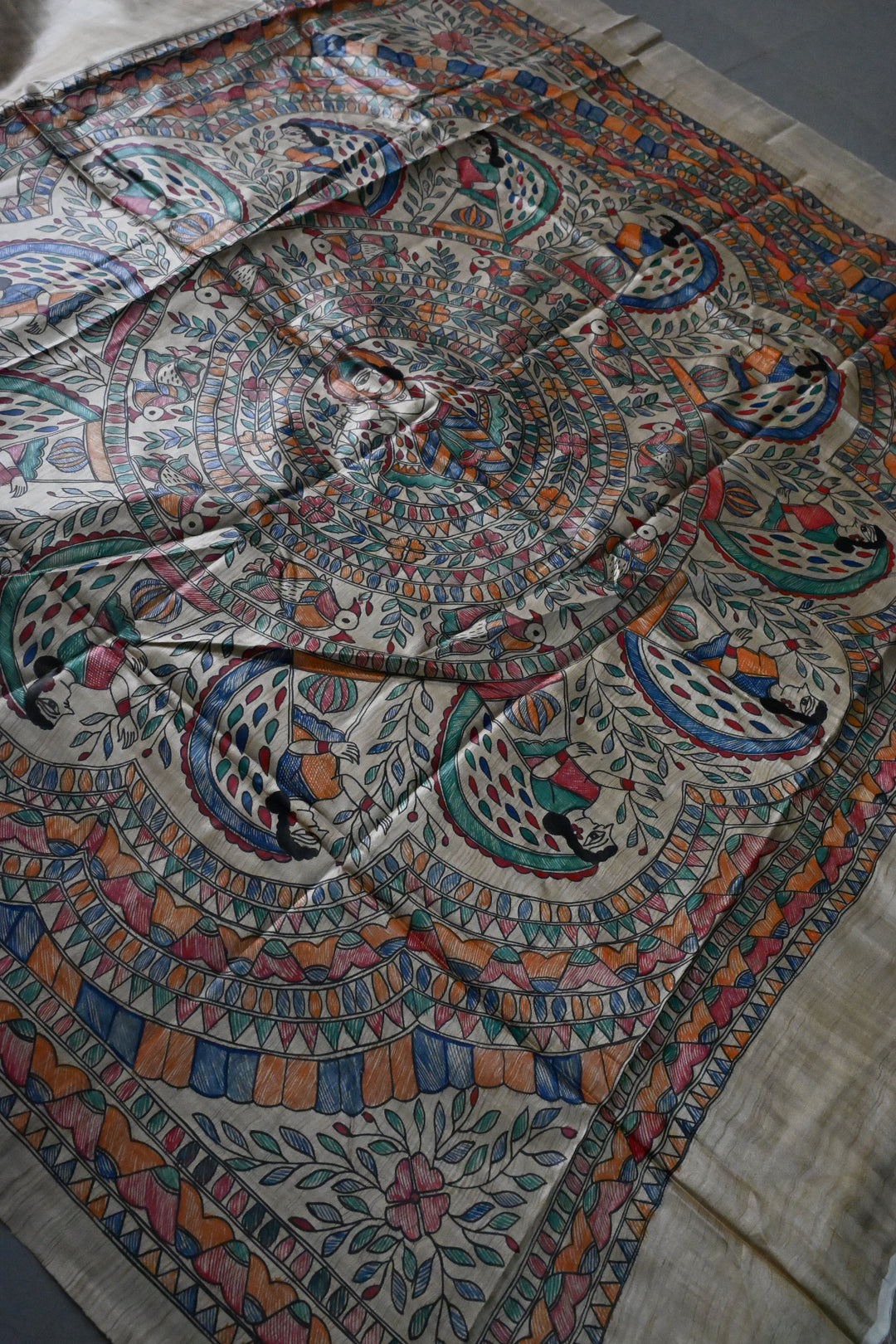 Beige Pure Handloom Tussar Hand Painted Madhubani Saree with Border | SILK MARK CERTIFIED | SHOBITAM