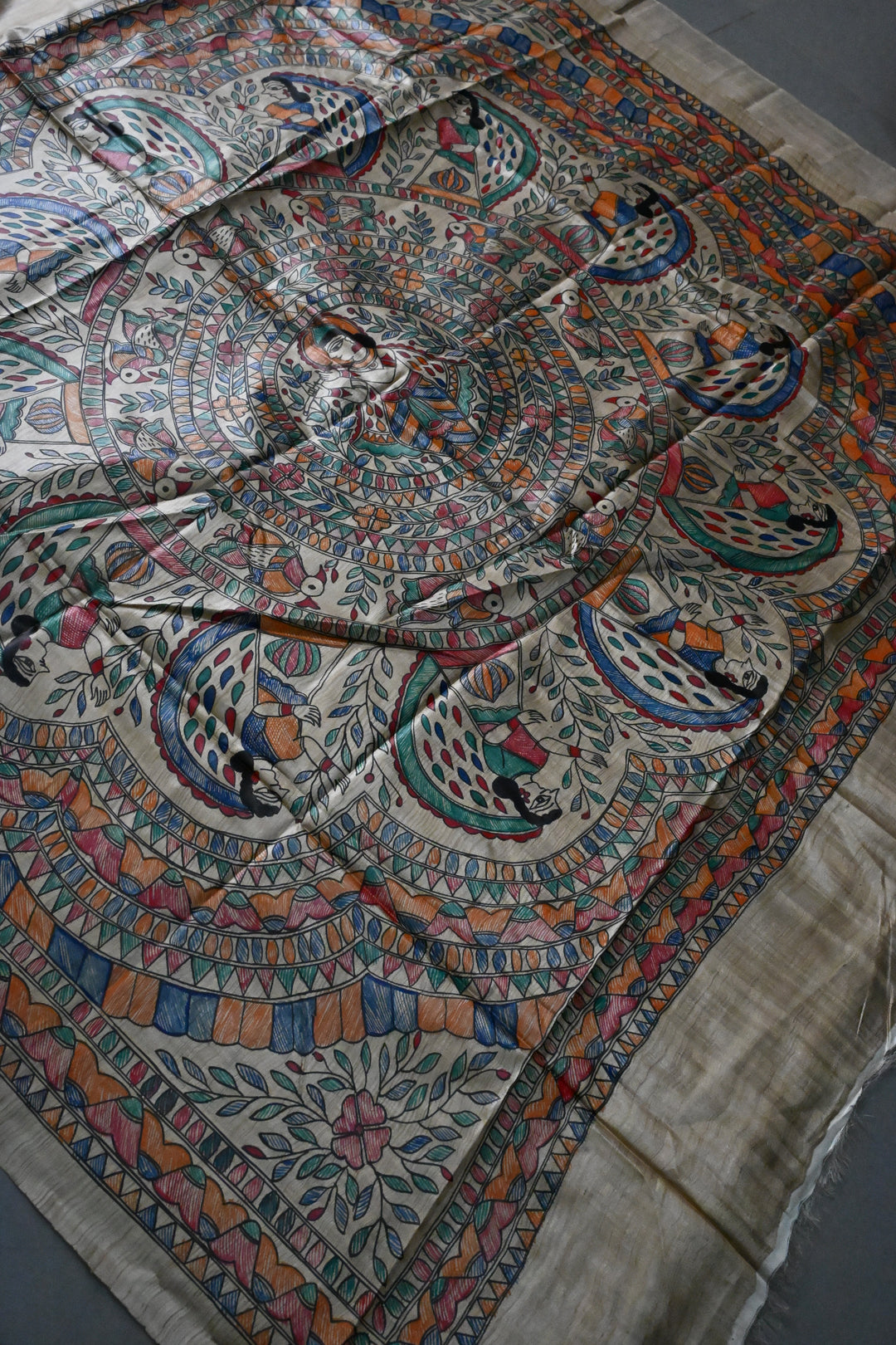Beige Pure Handloom Tussar Hand Painted Madhubani Saree with Border | SILK MARK CERTIFIED | SHOBITAM