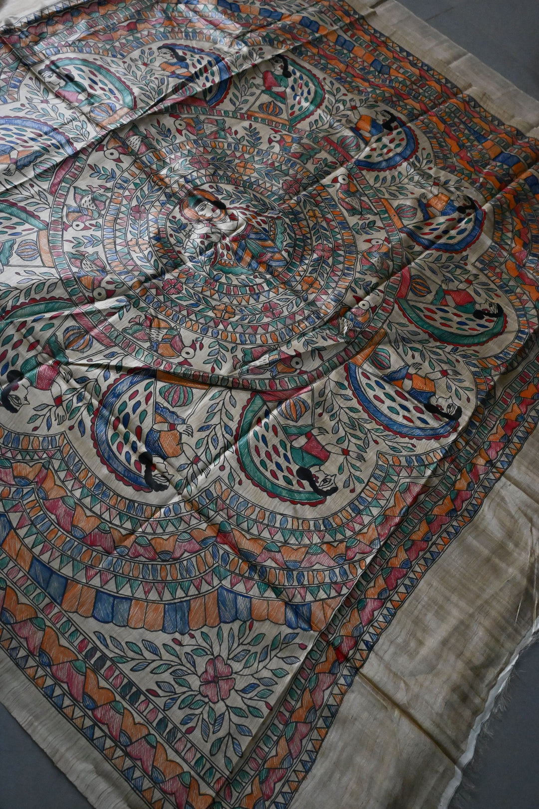 Beige Pure Handloom Tussar Hand Painted Madhubani Saree with Border | SILK MARK CERTIFIED | SHOBITAM