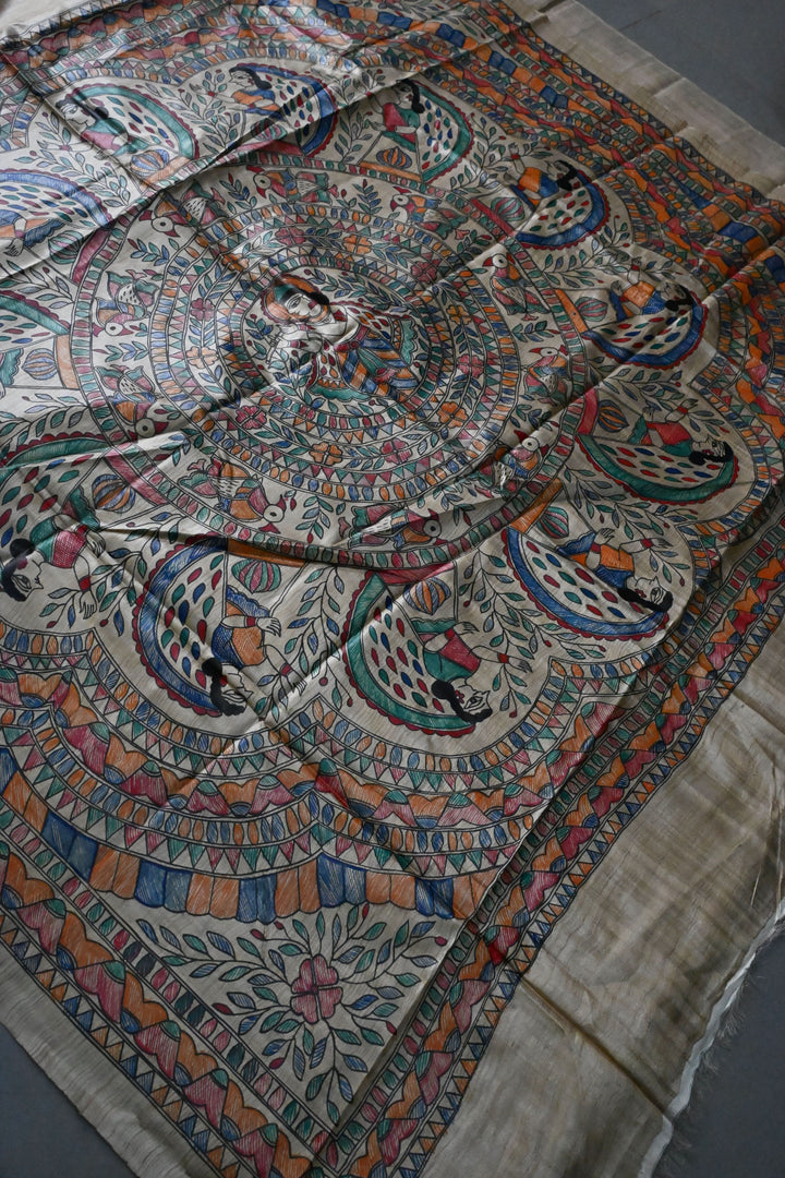 Beige Pure Handloom Tussar Hand Painted Madhubani Saree with Border | SILK MARK CERTIFIED | SHOBITAM