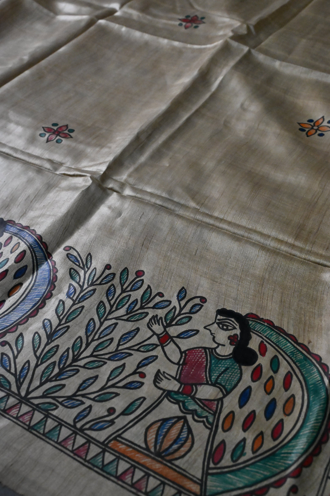 Beige Pure Handloom Tussar Hand Painted Madhubani Saree with Border | SILK MARK CERTIFIED | SHOBITAM