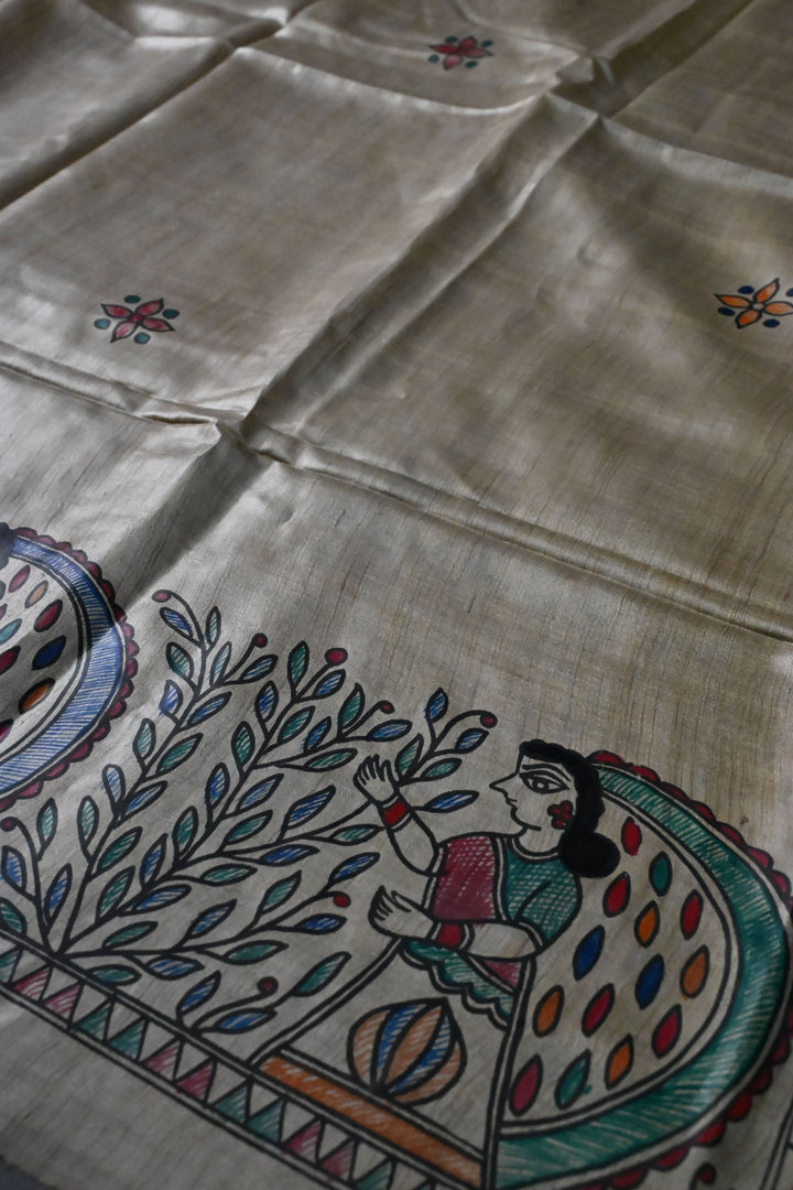 Beige Pure Handloom Tussar Hand Painted Madhubani Saree with Border | SILK MARK CERTIFIED | SHOBITAM