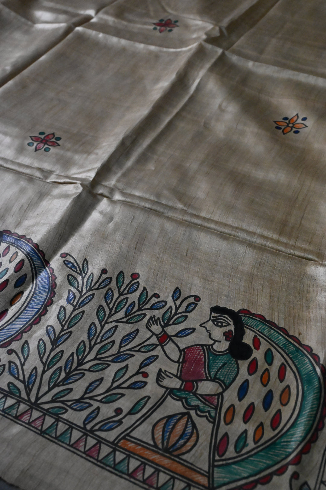 Beige Pure Handloom Tussar Hand Painted Madhubani Saree with Border | SILK MARK CERTIFIED | SHOBITAM