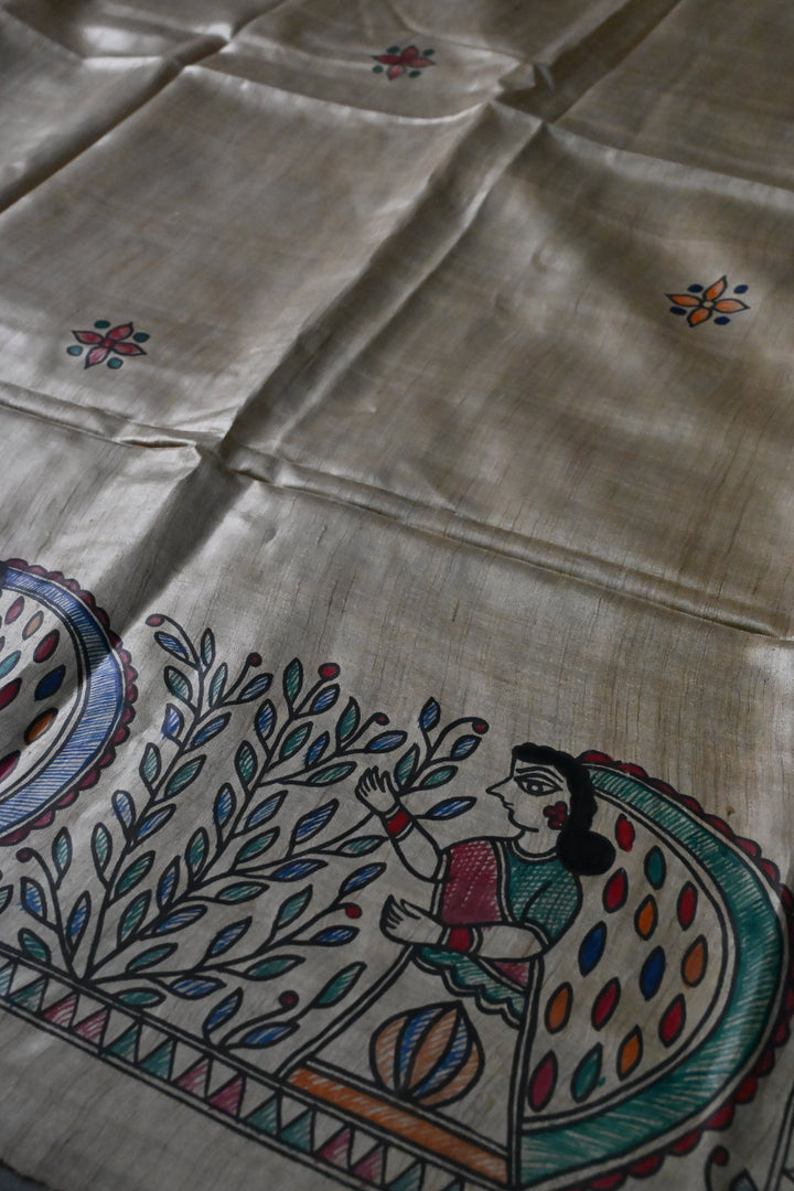 Beige Pure Handloom Tussar Hand Painted Madhubani Saree with Border | SILK MARK CERTIFIED | SHOBITAM