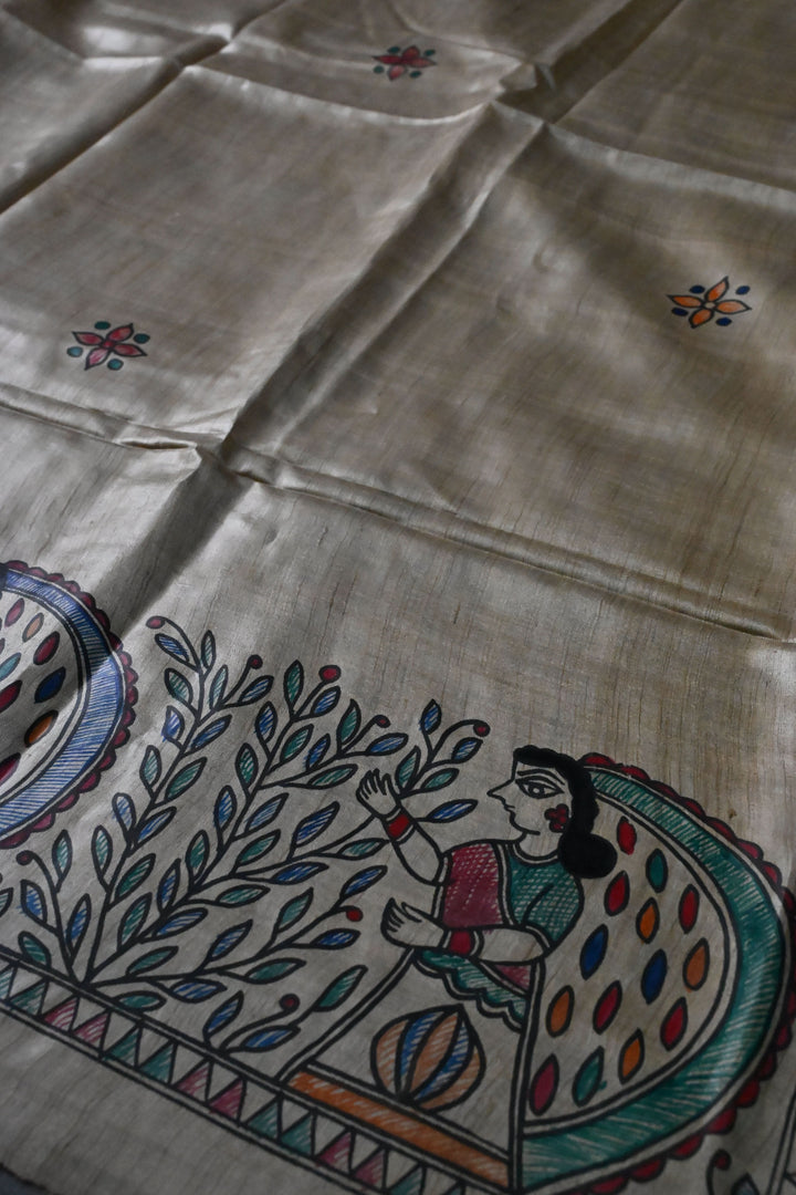 Beige Pure Handloom Tussar Hand Painted Madhubani Saree with Border | SILK MARK CERTIFIED | SHOBITAM
