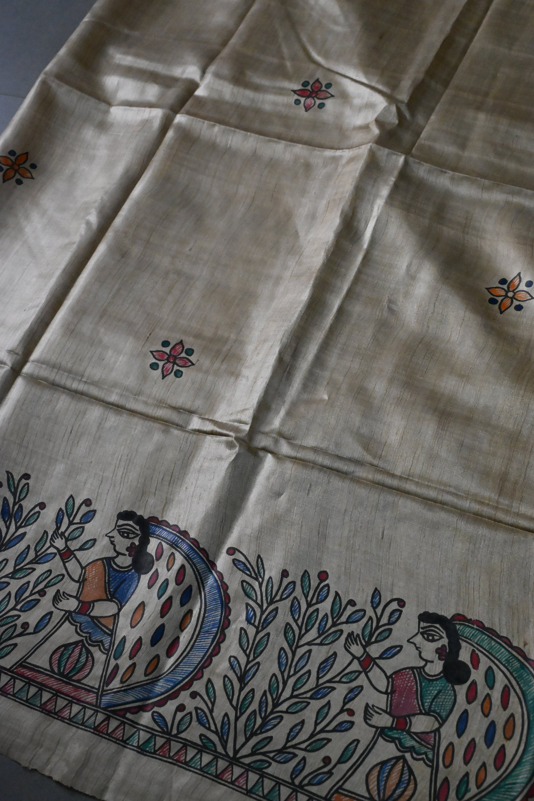 Beige Pure Handloom Tussar Hand Painted Madhubani Saree with Border | SILK MARK CERTIFIED | SHOBITAM