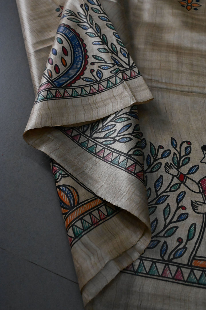 Beige Pure Handloom Tussar Hand Painted Madhubani Saree with Border | SILK MARK CERTIFIED | SHOBITAM