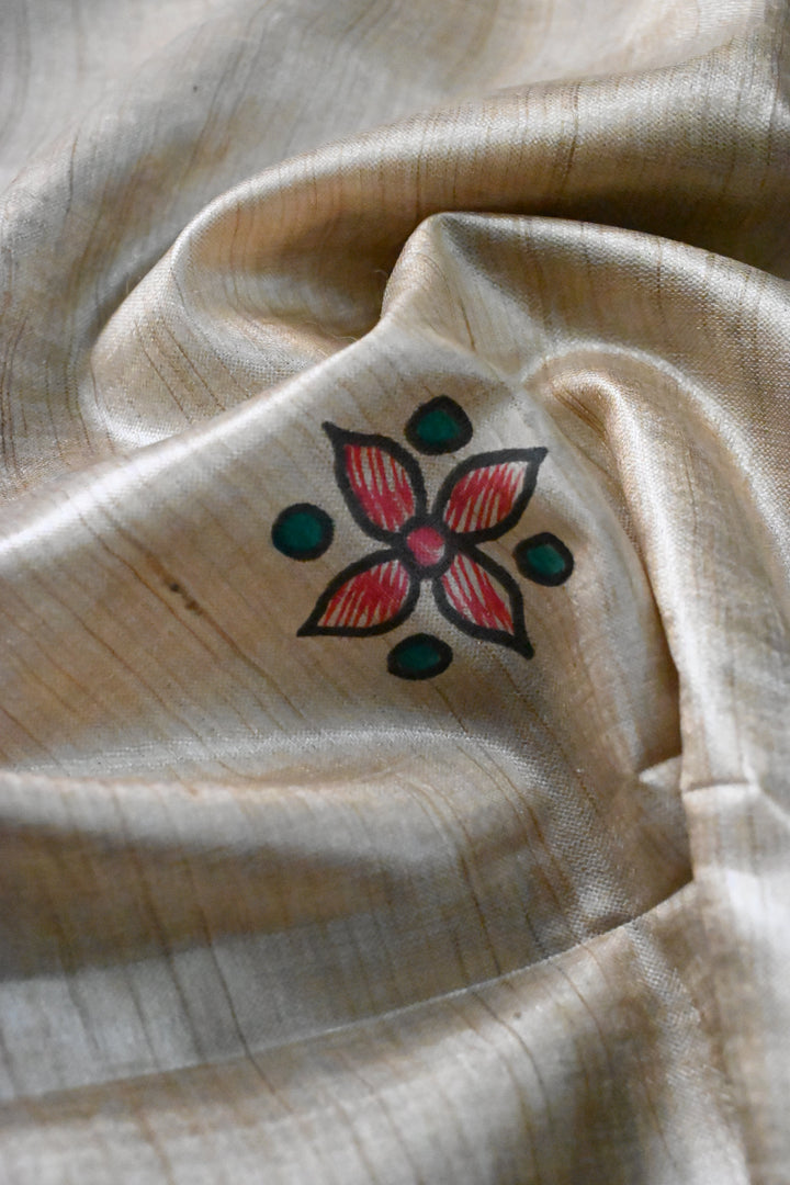 Beige Pure Handloom Tussar Hand Painted Madhubani Saree with Border | SILK MARK CERTIFIED | SHOBITAM
