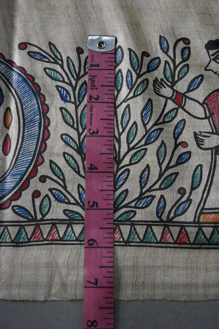Beige Pure Handloom Tussar Hand Painted Madhubani Saree with Border | SILK MARK CERTIFIED | SHOBITAM