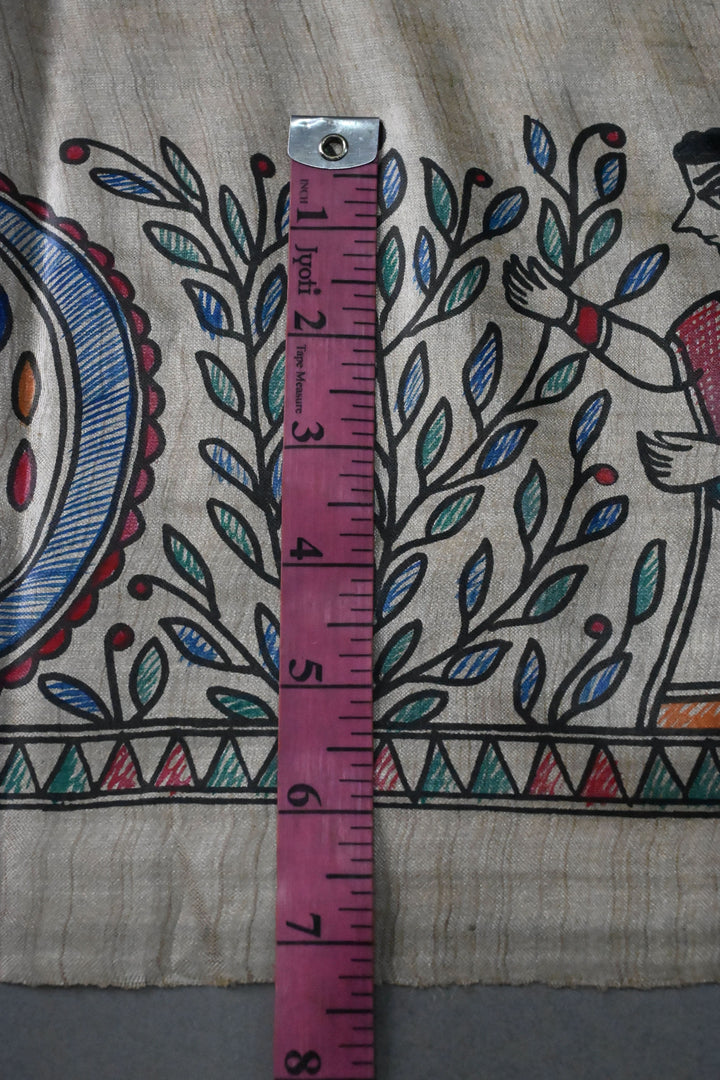 Beige Pure Handloom Tussar Hand Painted Madhubani Saree with Border | SILK MARK CERTIFIED | SHOBITAM