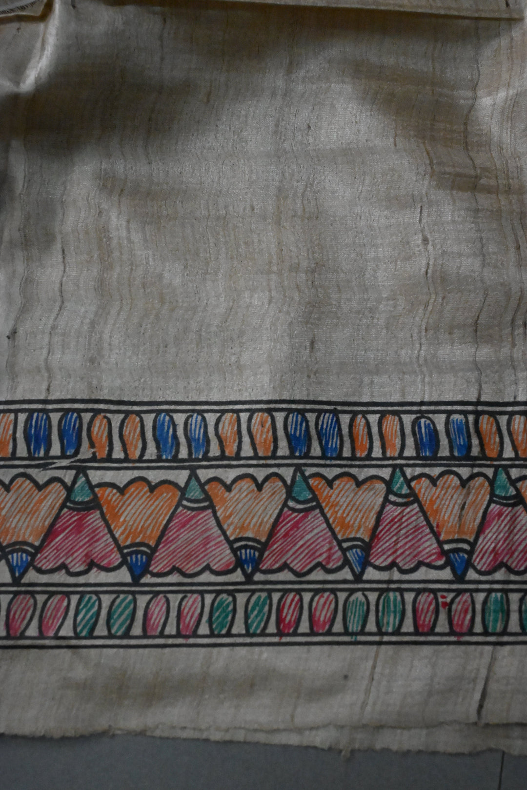 Beige Pure Handloom Tussar Hand Painted Madhubani Saree with Border | SILK MARK CERTIFIED | SHOBITAM