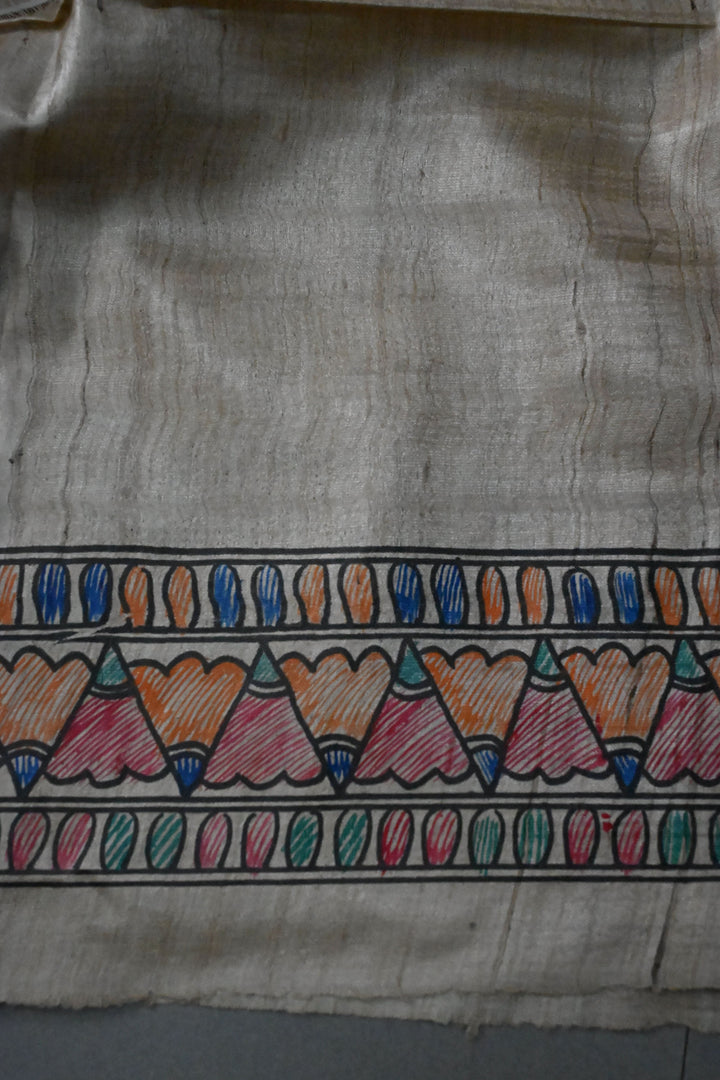 Beige Pure Handloom Tussar Hand Painted Madhubani Saree with Border | SILK MARK CERTIFIED | SHOBITAM