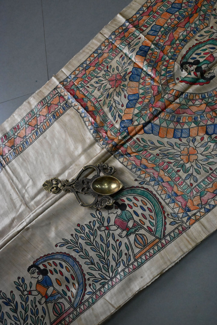 Beige Pure Handloom Tussar Hand Painted Madhubani Saree with Border | SILK MARK CERTIFIED | SHOBITAM