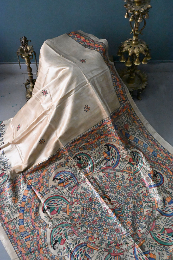 Beige Pure Handloom Tussar Hand Painted Madhubani Saree with Border | SILK MARK CERTIFIED | SHOBITAM