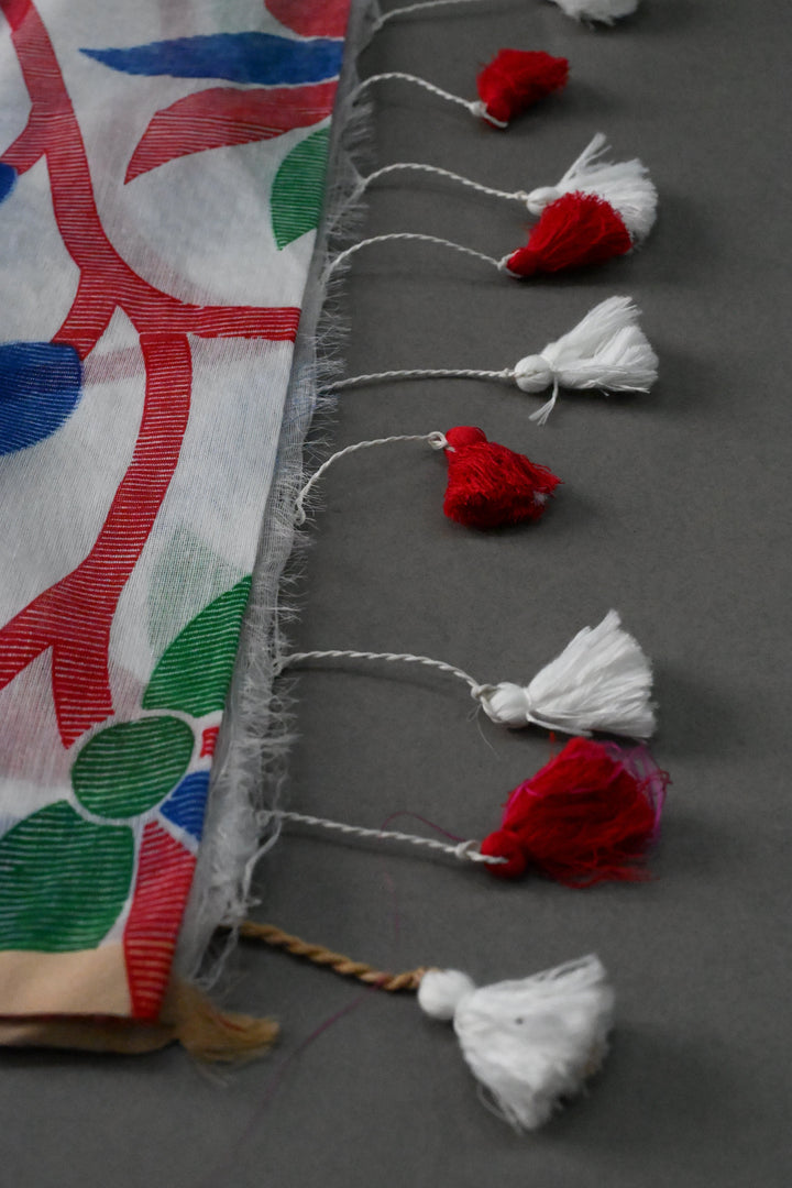 White Uppada Handloom Cotton Saree with Jamdani Style  Screen Print and long Tassels | SHOBITAM