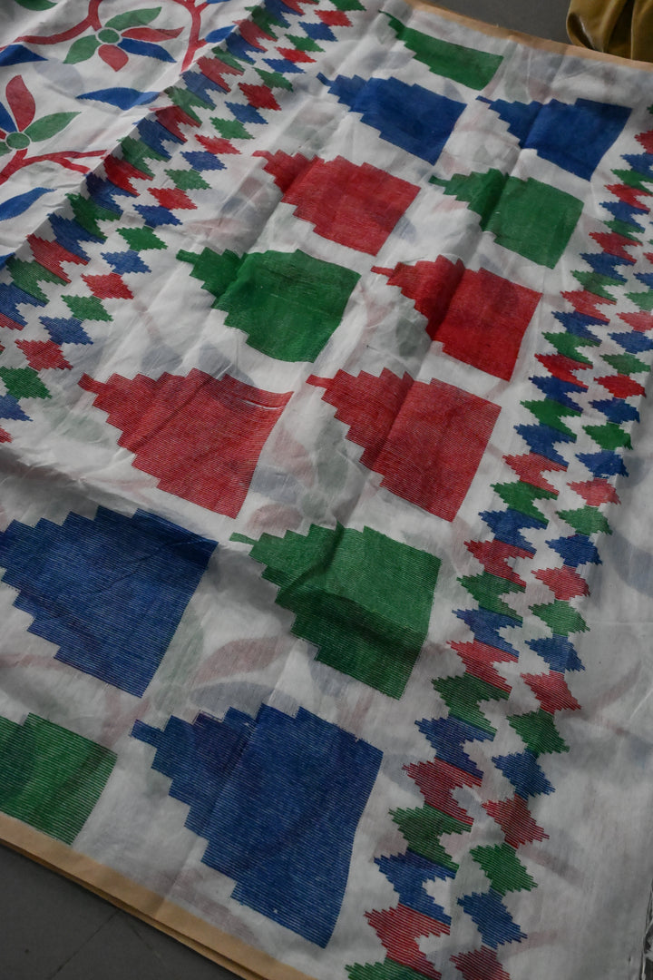 White Uppada Handloom Cotton Saree with Jamdani Style  Screen Print and long Tassels | SHOBITAM