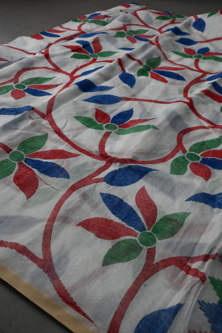 White Uppada Handloom Cotton Saree with Jamdani Style  Screen Print and long Tassels | SHOBITAM