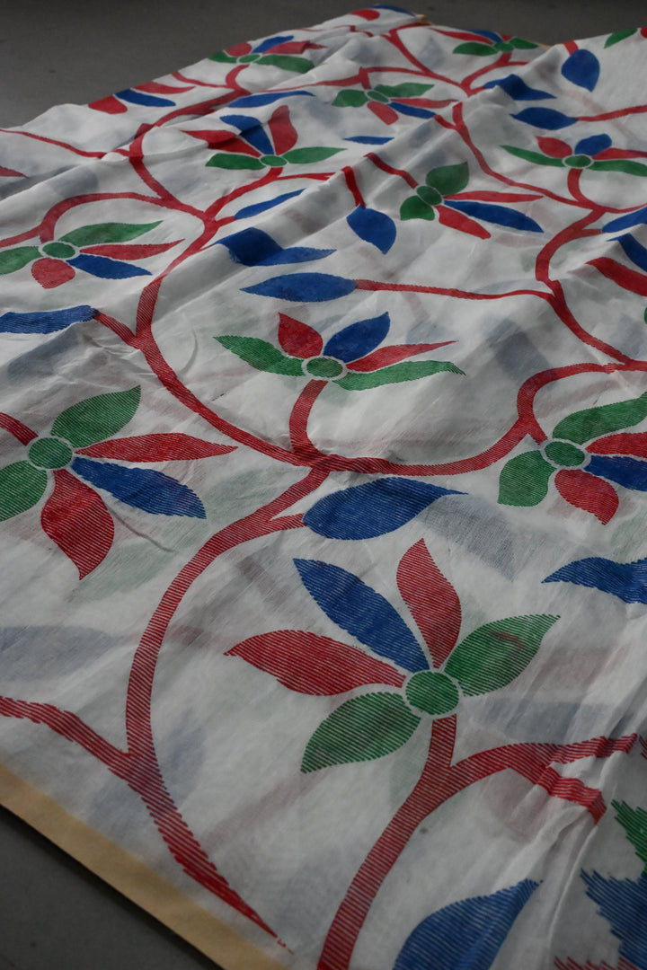 White Uppada Handloom Cotton Saree with Jamdani Style  Screen Print and long Tassels | SHOBITAM