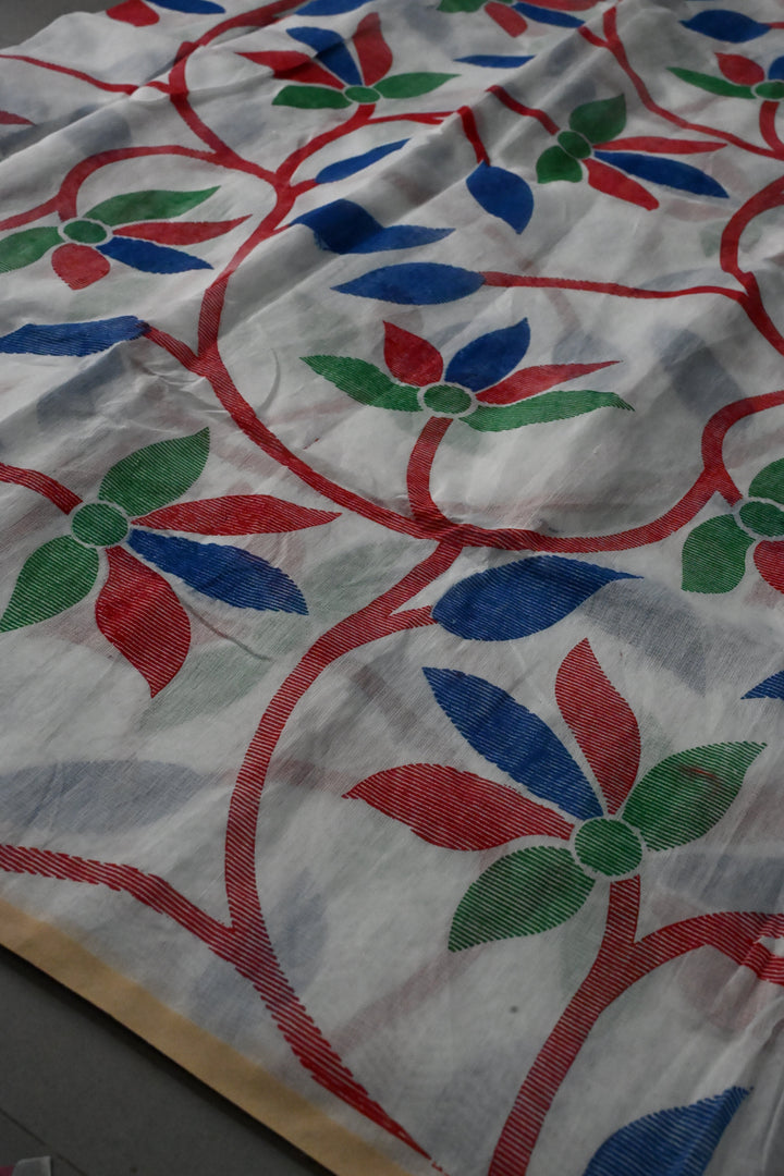 White Uppada Handloom Cotton Saree with Jamdani Style  Screen Print and long Tassels | SHOBITAM
