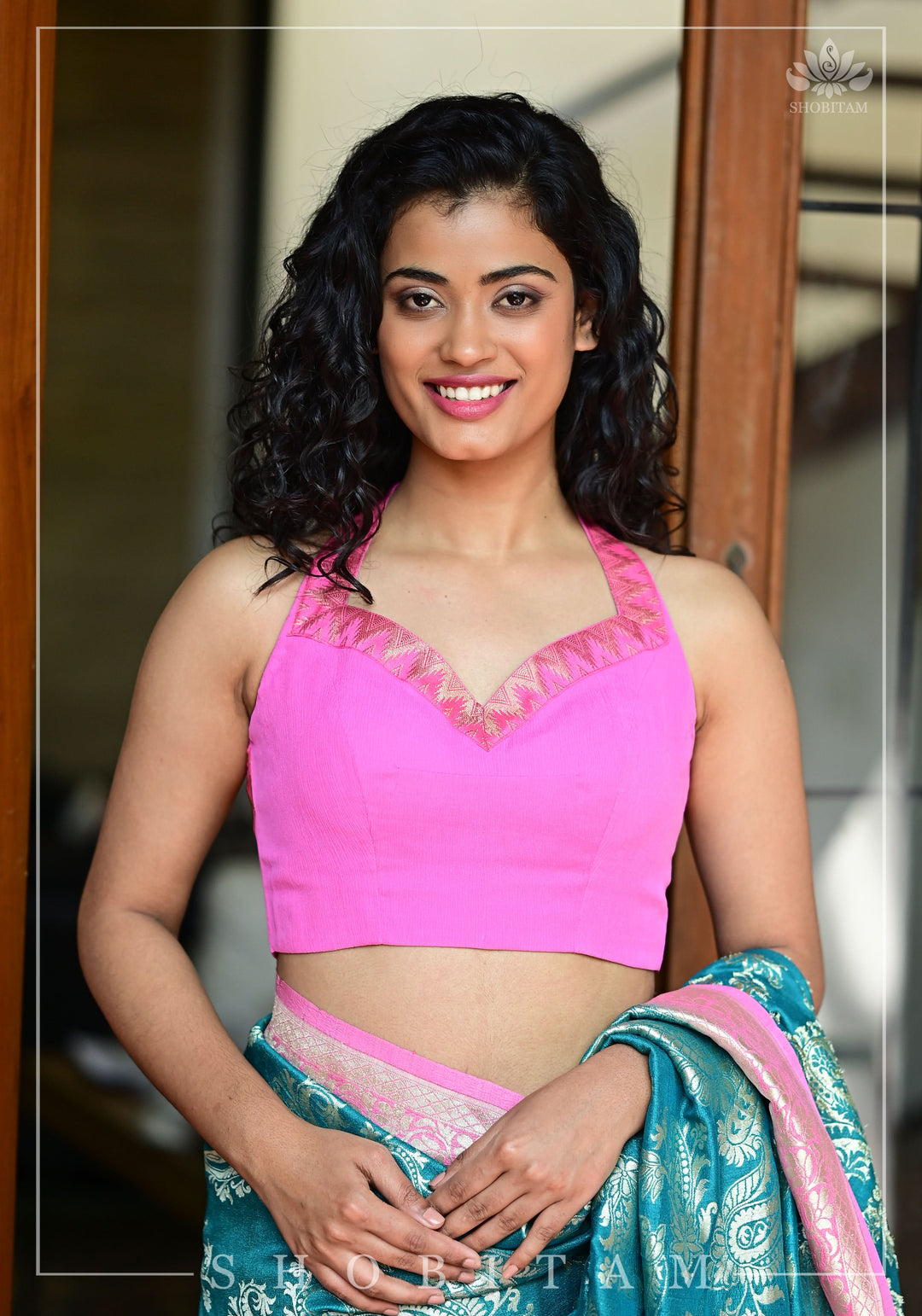 Bubblegum pink chiffon halter neck blouse with zari border