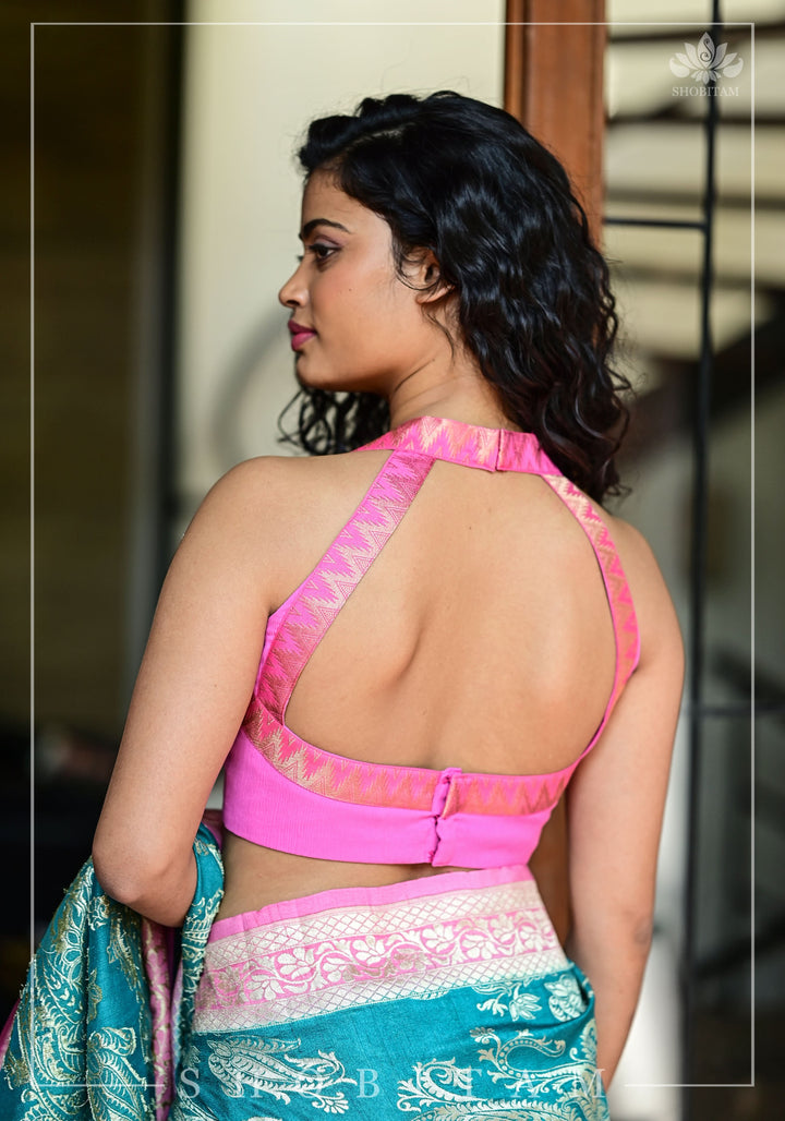 Bubblegum pink chiffon halter neck blouse with zari border