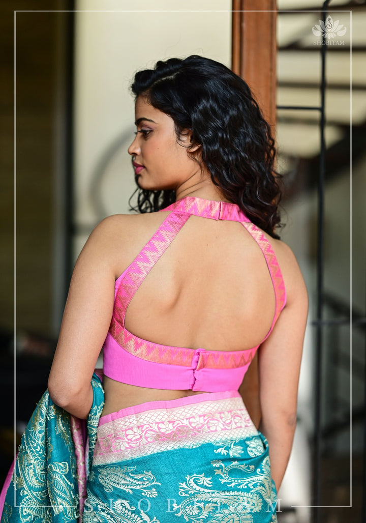Bubblegum pink chiffon halter neck blouse with zari border