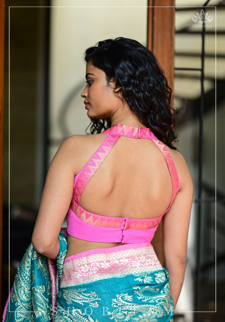 Bubblegum pink chiffon halter neck blouse with zari border