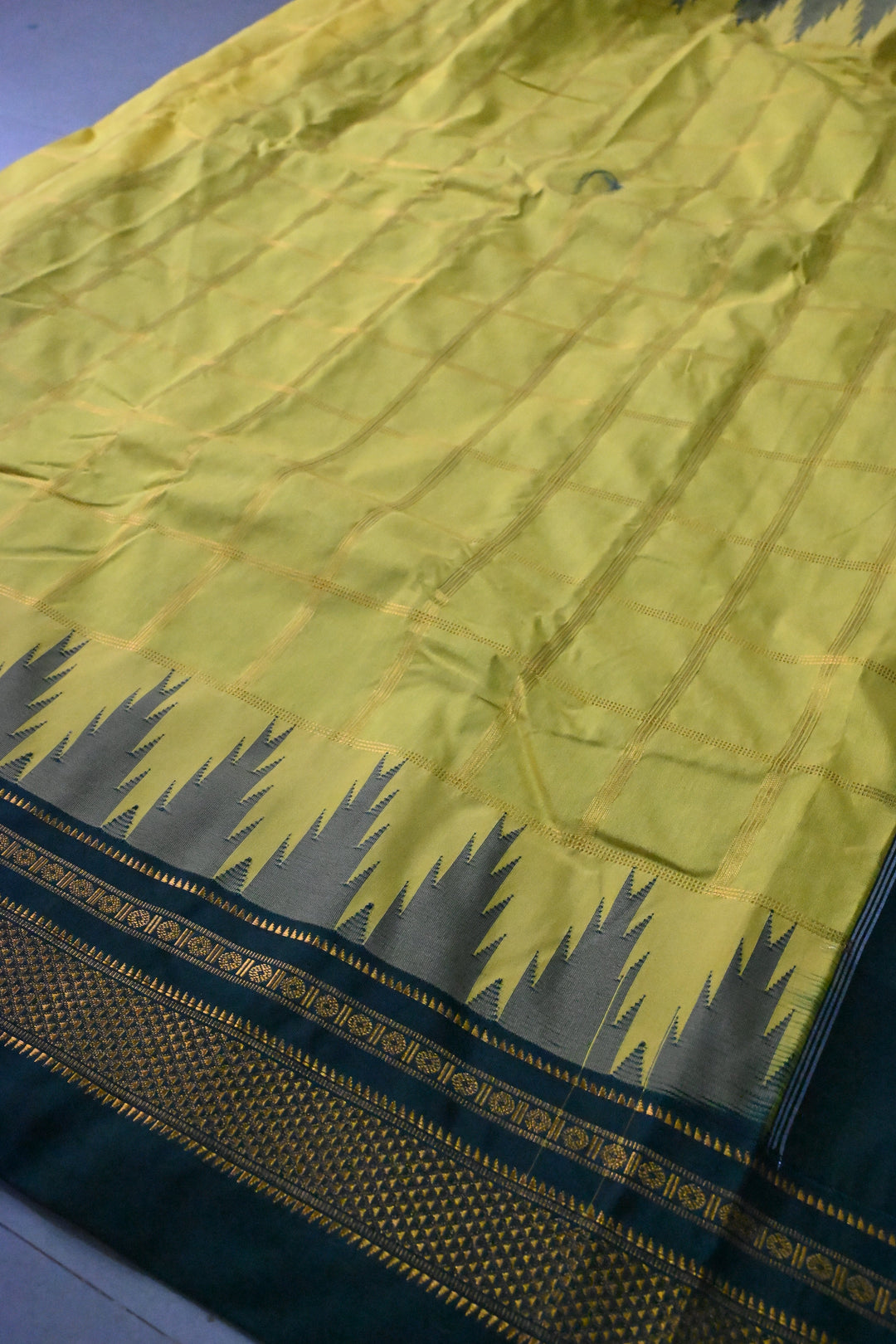 Moss Green Ilkal Weave Mercerized Bagalkote Cotton Saree with Zari Checks and Contrast Zari Border | SHOBITAM