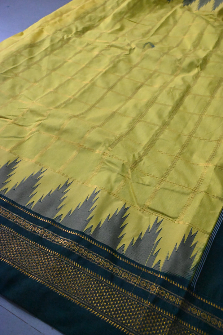 Moss Green Ilkal Weave Mercerized Bagalkote Cotton Saree with Zari Checks and Contrast Zari Border | SHOBITAM
