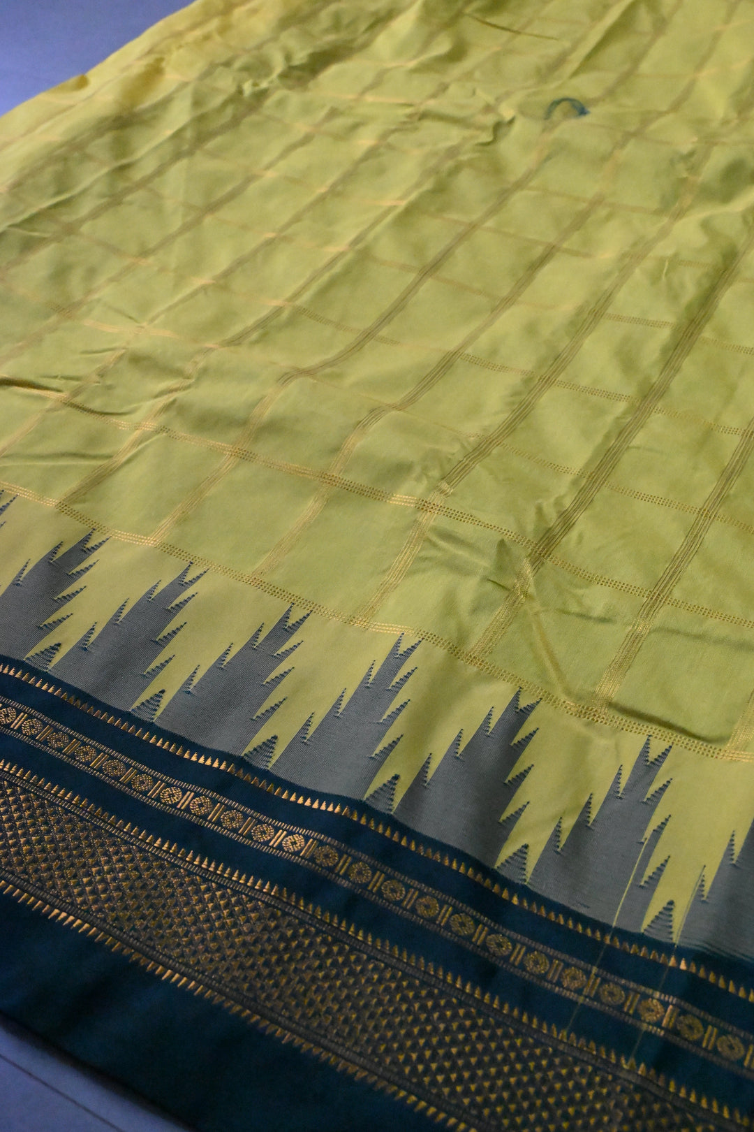 Moss Green Ilkal Weave Mercerized Bagalkote Cotton Saree with Zari Checks and Contrast Zari Border | SHOBITAM