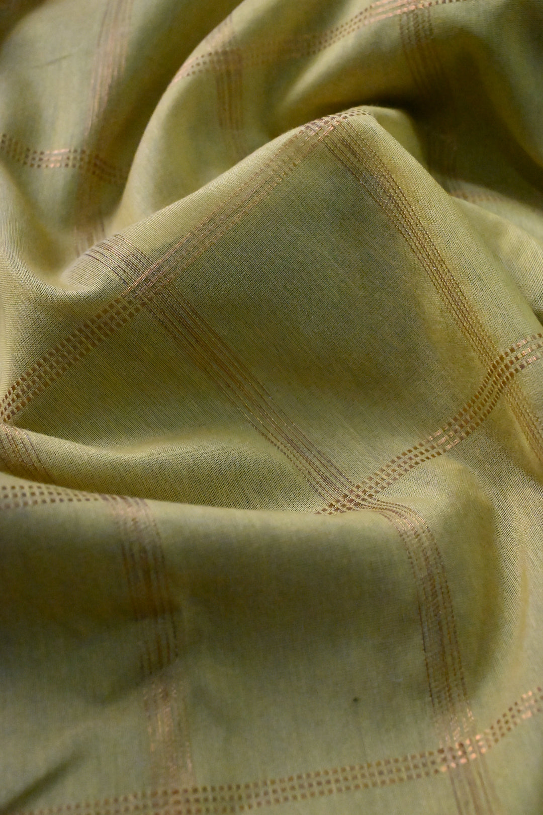 Moss Green Ilkal Weave Mercerized Bagalkote Cotton Saree with Zari Checks and Contrast Zari Border | SHOBITAM