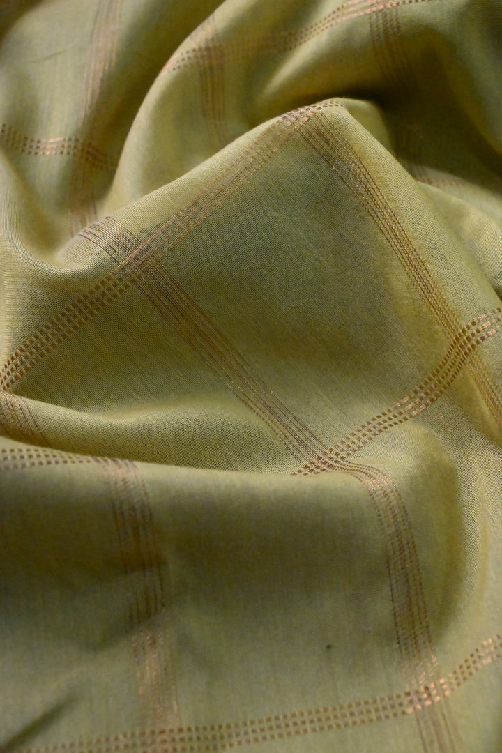 Moss Green Ilkal Weave Mercerized Bagalkote Cotton Saree with Zari Checks and Contrast Zari Border | SHOBITAM