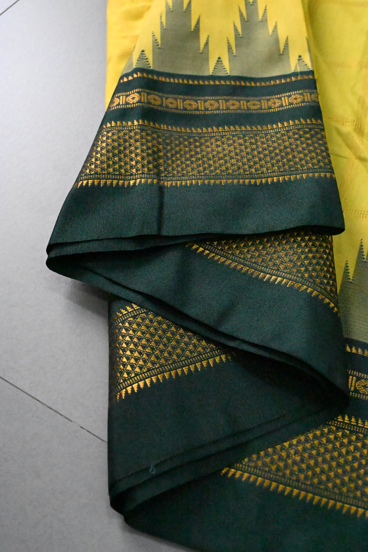 Moss Green Ilkal Weave Mercerized Bagalkote Cotton Saree with Zari Checks and Contrast Zari Border | SHOBITAM