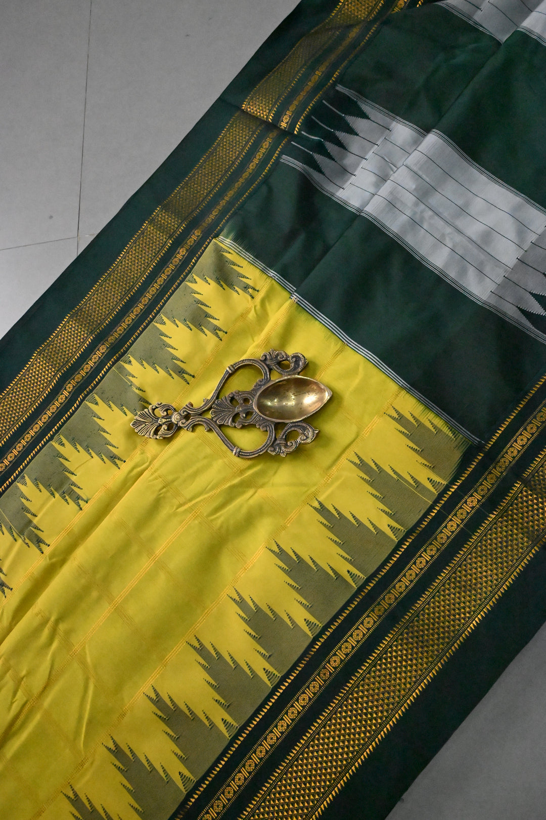 Moss Green Ilkal Weave Mercerized Bagalkote Cotton Saree with Zari Checks and Contrast Zari Border | SHOBITAM