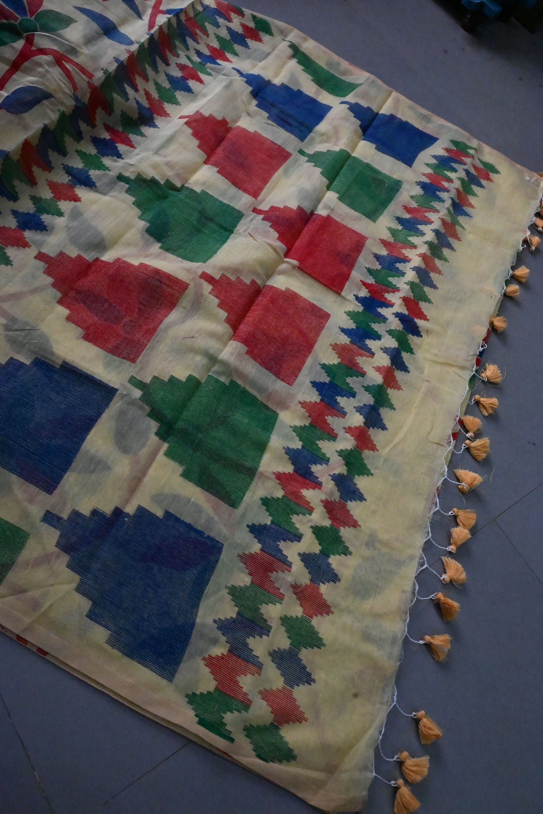Yellow Uppada Handloom Cotton Saree with Jamdani Style Screen Print and long Tassels | SHOBITAM