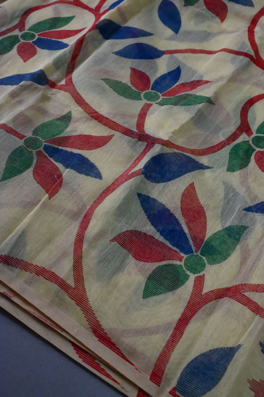 Yellow Uppada Handloom Cotton Saree with Jamdani Style Screen Print and long Tassels | SHOBITAM